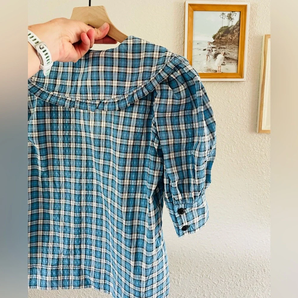 GANNI Seersucker Check V-Neck Ruffle Blouse in Azure Blue - Picture 7 of 14